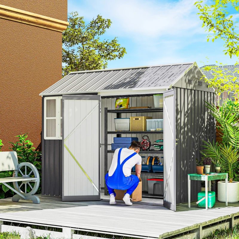 Outsunny 8' x 5.5' Metal Garden Storage Shed, Extra Large Outdoor Tool Storage House w/Lockable Doors, Window, Air Vents, Gray