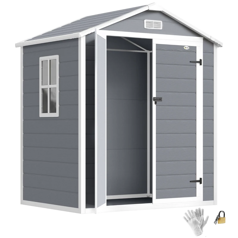 Outsunny 6x4.5FT Plastic Shed, Lockable Garden Tool Storage House with Double Doors and Vent, Grey