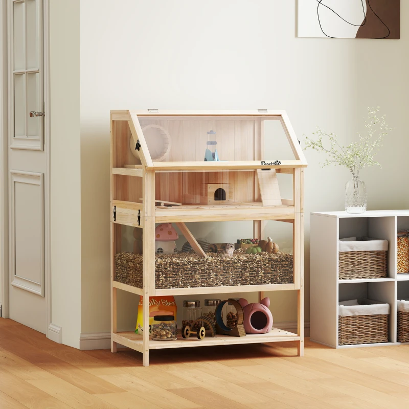 PawHut Wooden Hamster Cage with Detachable Lower Floor, Storage Shelf, Hut, Seesaw, Exercise Wheel, Ramps for Dwarf