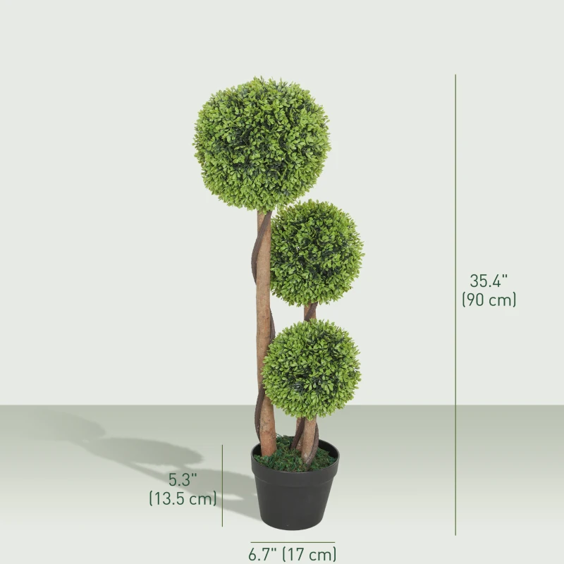 HOMCOM 35 Inch 2 Pack Potted Fake Plant, Artificial Boxwood Topiary Trees, Triple Ball Tree for Indoor and Outdoor, Light Green