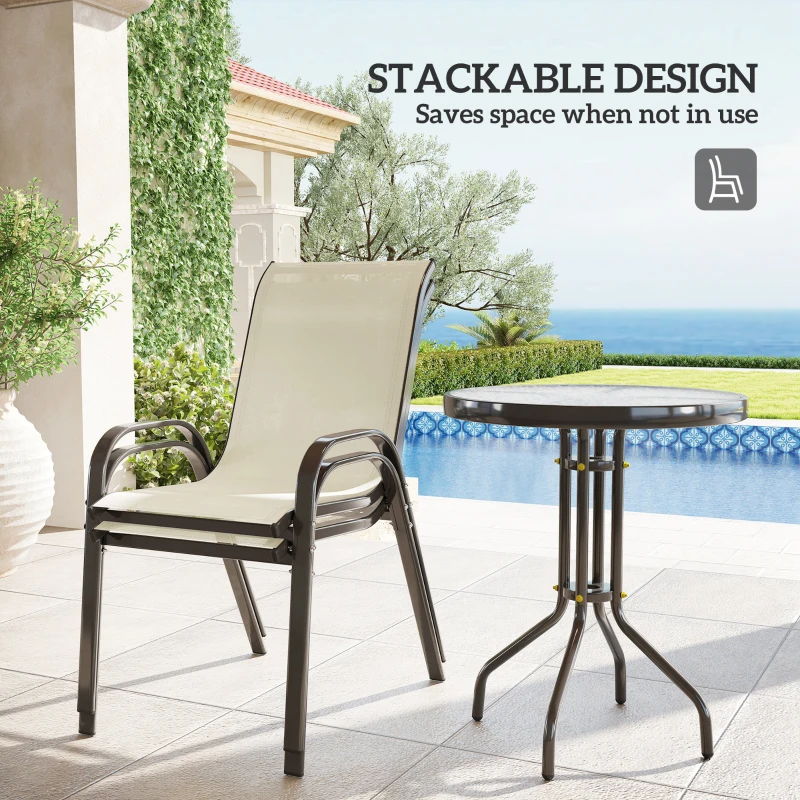 Outsunny 3 Pieces Bistro Set, Small Patio Furniture Set with Stackable Mesh Chairs, Glass Table for Garden, Balcony, Beige