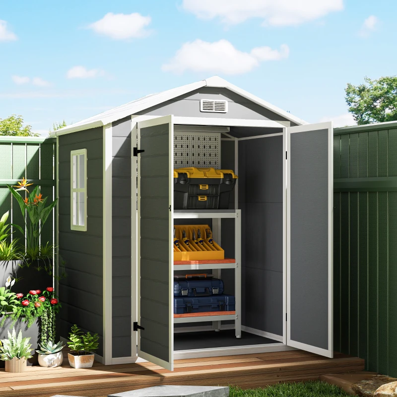Outsunny 6x4.5FT Plastic Shed, Lockable Garden Tool Storage House with Double Doors and Vent, Grey