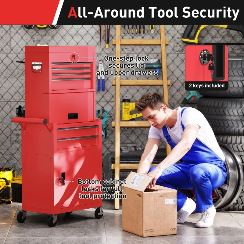 HOMCOM Large Tool Cabinet, 3-in-1 Rolling Tool Chest, Detachable Tool Storage Organizer with 6 Drawers and Pegboard, Red