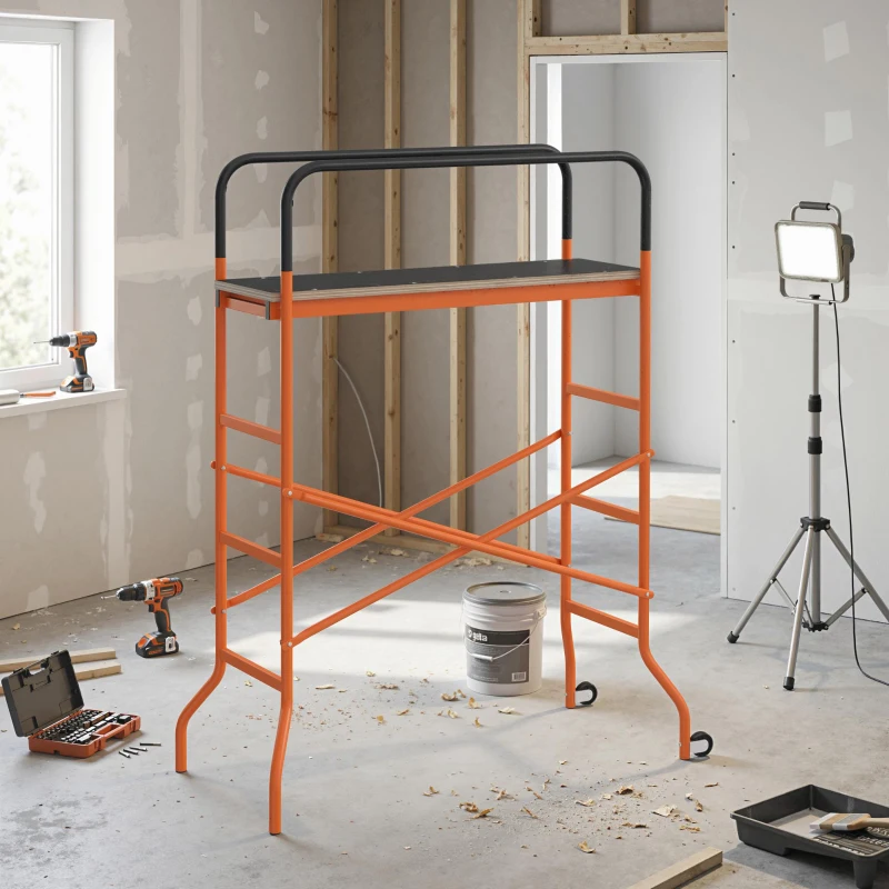 HOMCOM Scaffolding Work Platform, Rolling Scaffolding with Wheels, Scaffold for Building Construction, Orange