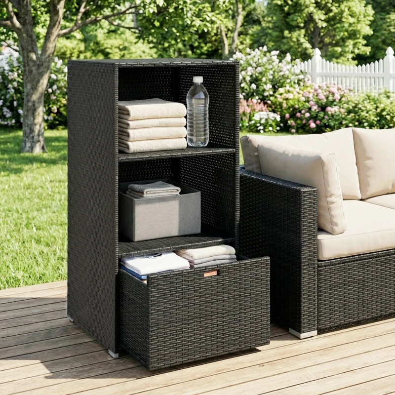 Outsunny Valet Pool Towel Rack, Water-Resistant PE Plastic Rattan Wicker Storage Organizer, 2 Shelves, 1 Basket Drawer