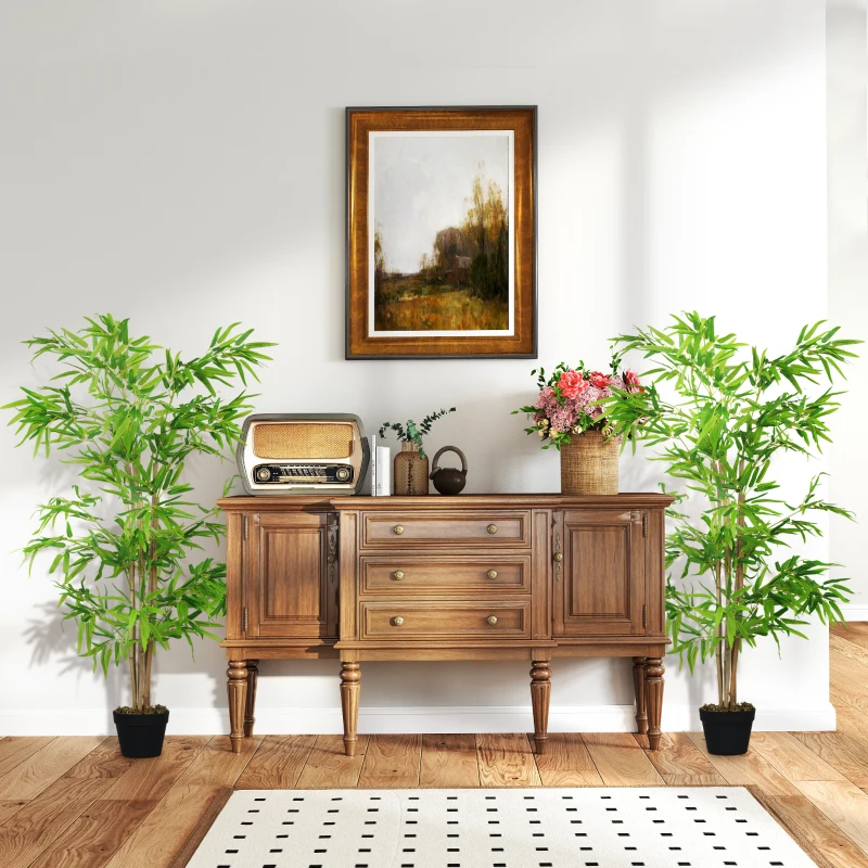 Outsunny Artificial Bamboo Tree Set of 2, 5ft Fake Tree with Realistic Leaf and Natural Trunk, Decorative Plant in Nursery