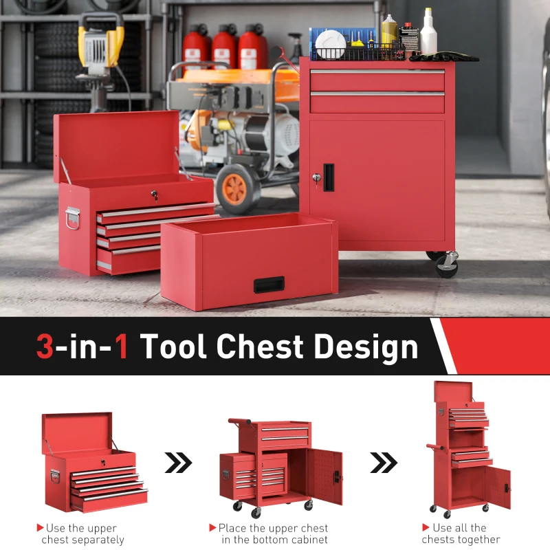 HOMCOM Large Tool Cabinet, 3-in-1 Rolling Tool Chest, Detachable Tool Storage Organizer with 6 Drawers and Pegboard, Red