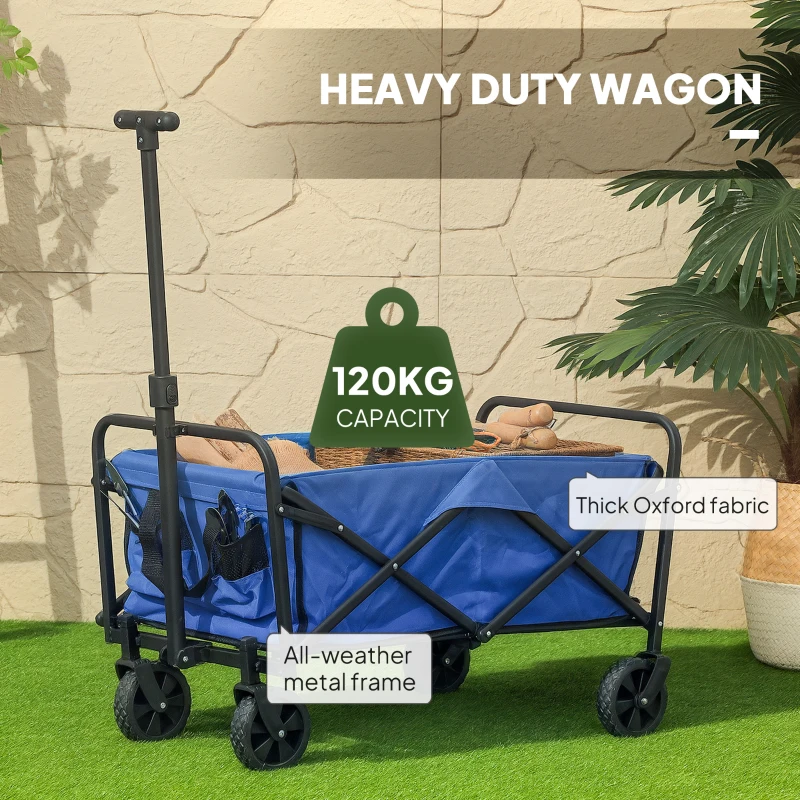 Outsunny Collapsible Folding Garden Cart, Heavy Duty Lawn Wagon with Universal Wheels and Adjustable Handle, Blue