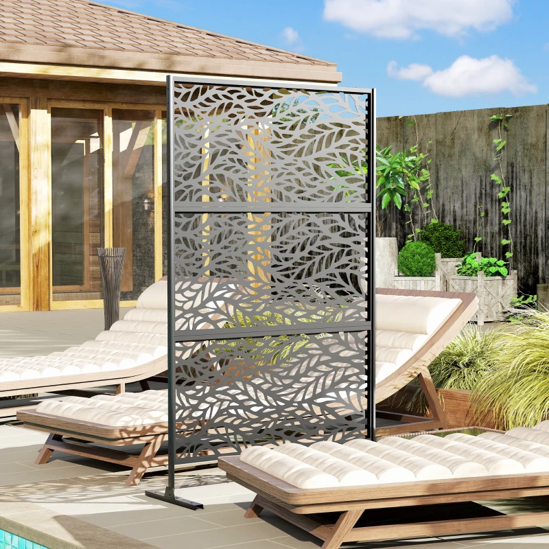 Outsunny Metal Outdoor Privacy Screen, Freestanding Outdoor Divider with Stand, 78" x 48", Black