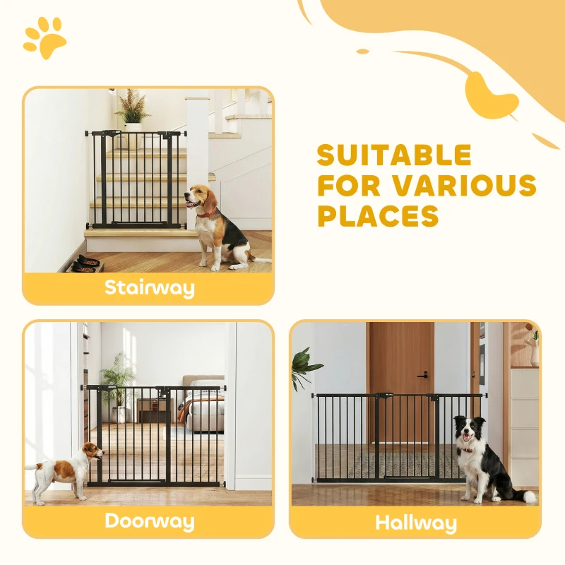PawHut 29"-58" Wide Pet Gate with Door Dog Gate and Barrier Indoor for Stairs Includes 7", 8", 12" Extensions Kit, 30 Inch Tall Pressure-Mounted Safety Gate, Black