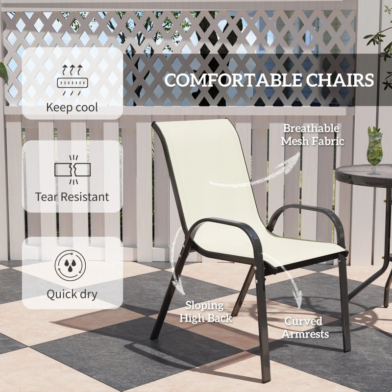 Outsunny 3 Pieces Bistro Set, Small Patio Furniture Set with Stackable Mesh Chairs, Glass Table for Garden, Balcony, Beige