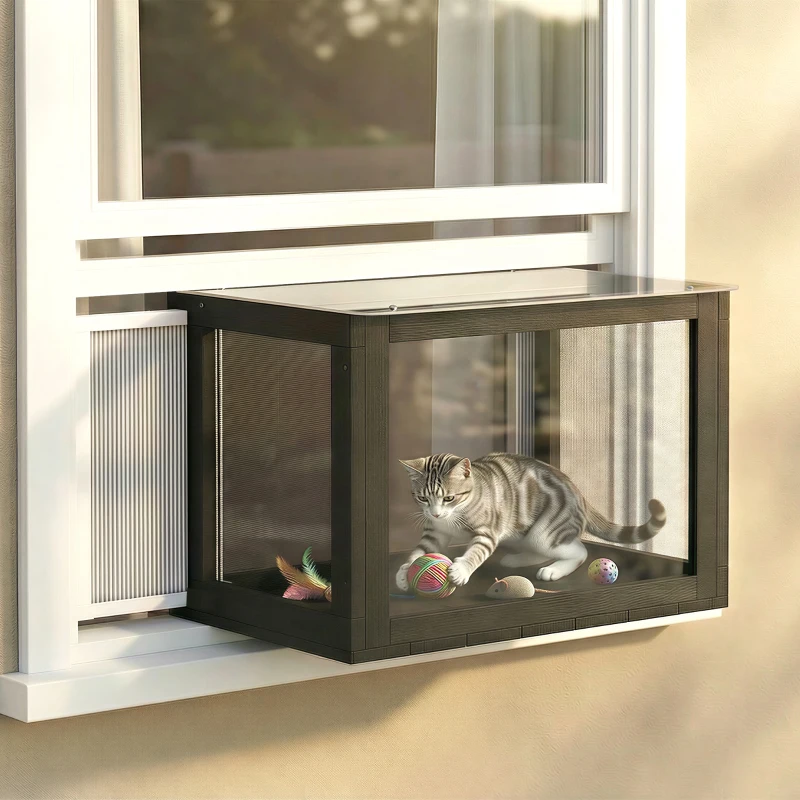 PawHut Catio Outdoor Cat Enclosure 25"–41" Outdoor Cat House for Sunbathing, Napping & Overlooking