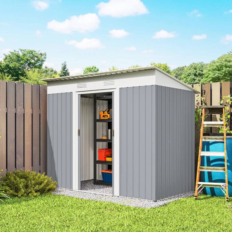 Outsunny 7' x 4' Outdoor Storage Shed, Metal Garden Shed with Lockable Sliding Doors and Vents, Grey