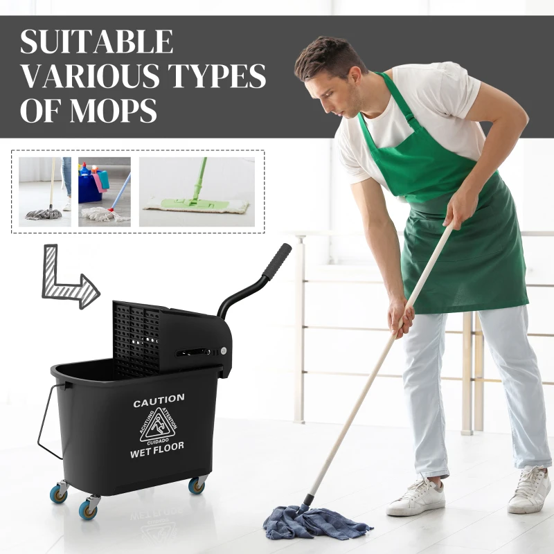 HOMCOM Compact Mop Bucket with Wringer, Mop Bucket on Wheels, 5 Gallon, Separate Dirty and Clean Water, Black