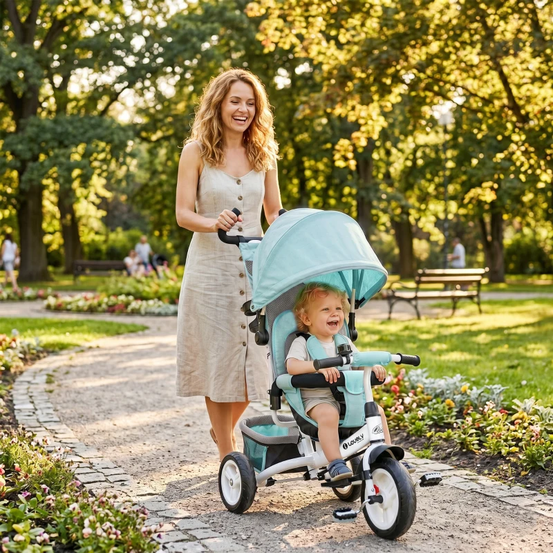 Qaba 6 in 1 Tricycle for Toddler 1-5 Years with Parent-Push Handle, Green