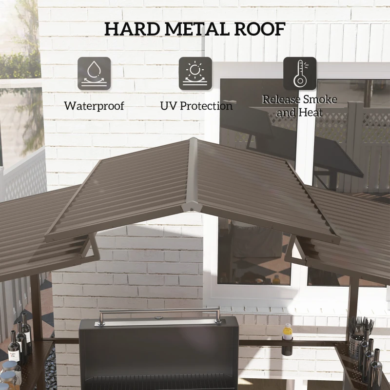 Outsunny 8 x 5ft Hardtop Grill Gazebo with Double Metal Roof, 2 Side Shelves and 4 Cup Holders for Patio Backyard Lawn Deck