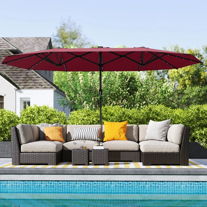Outsunny Garden Parasol, Double-Sided Sun Umbrella with LED Solar Lights, Patio Parasol for Outdoor, Wine Red