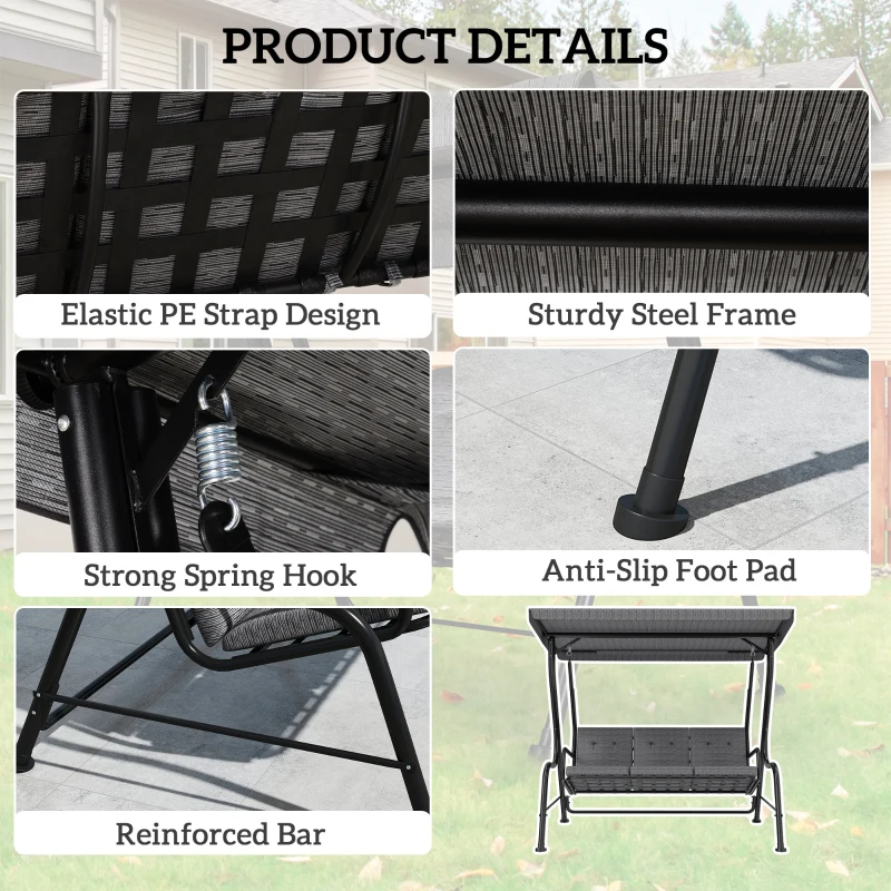 Outsunny 3-Person Porch Swing Chair, Patio Swing Bench with Adjustable Canopy, Removable Thicken Cushion, Black