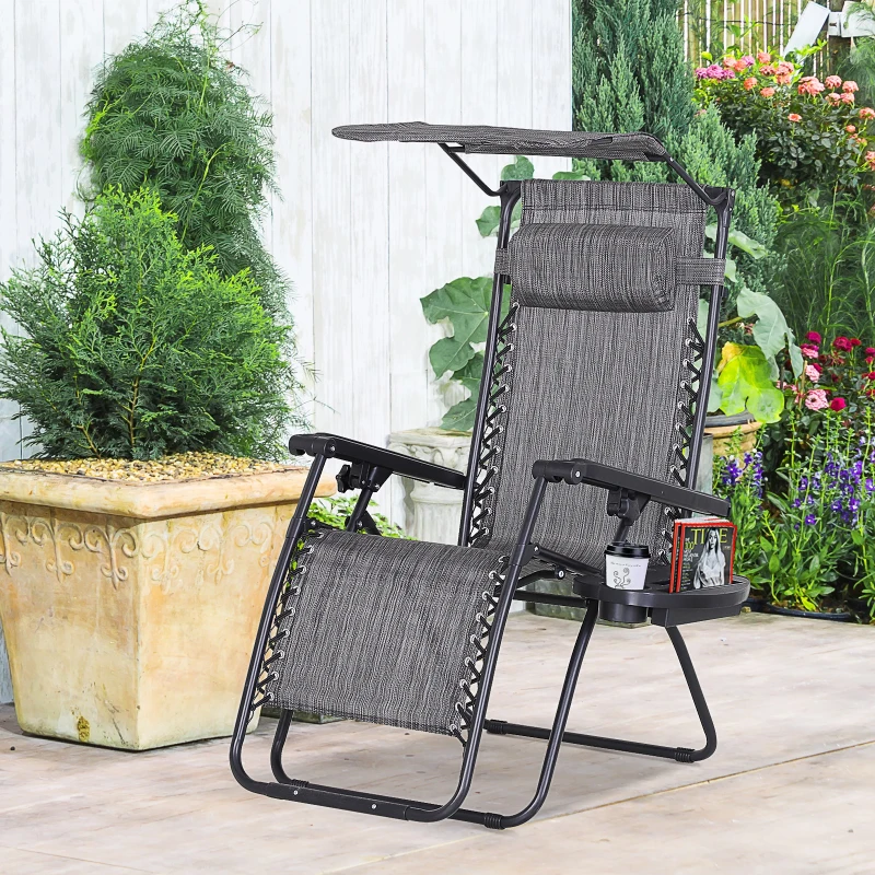 Outsunny Outdoor Zero Gravity Reclining Lounger Chair with Canopy Shade, Side Tray, Cupholder, Dark Grey