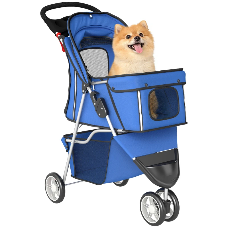 PawHut 3 Wheels Foldable Dog Stroller with Storage Basket, Adjustable Canopy, Cupholder for Miniature and Small Dogs, Blue