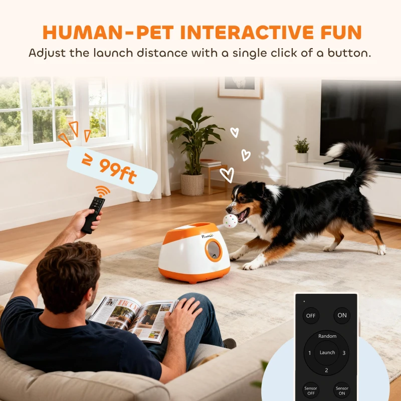 PawHut Automatic Dog Ball Launcher with 26-80 FT Distance, Automatic Ball Launcher for Medium and Large Dogs, Orange