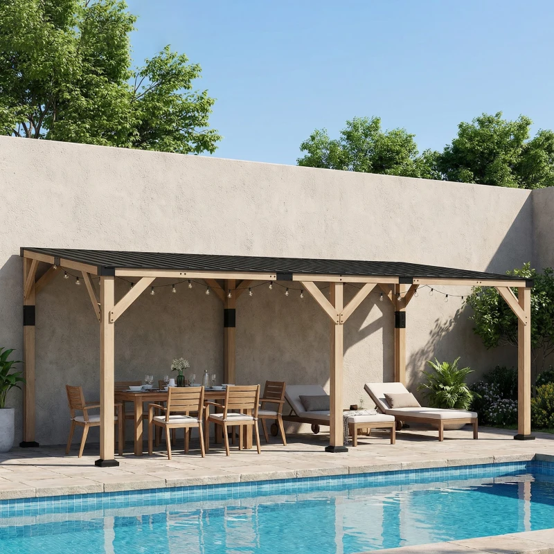 Outsunny 10' x 20' Wooden Gazebo, Hardtop Lean-to Gazebo Pergola with Galvanized Steel Sloped Roof, Light Walnut