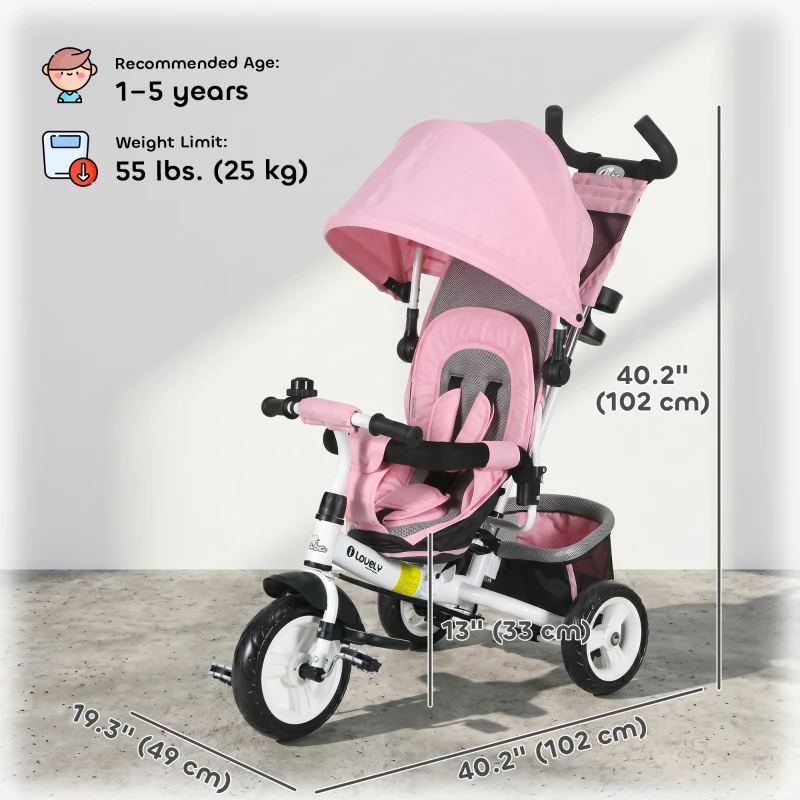 Qaba 6 in 1 Tricycle for Toddler 1-5 Years with Parent-Push Handle, Pink