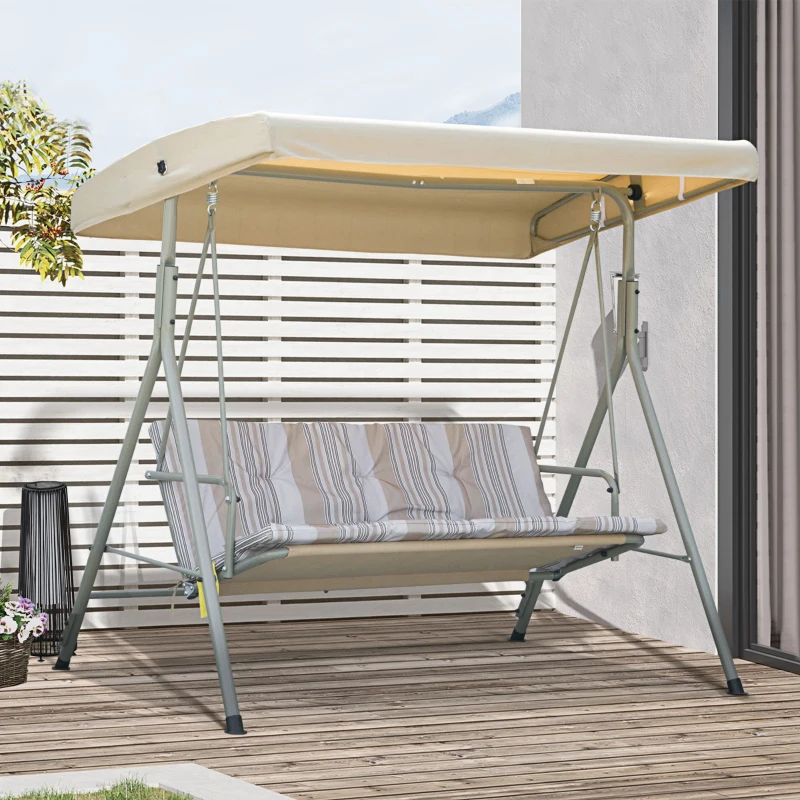 Outsunny 3-Seat Patio Swing Chair, Outdoor Porch Swing Glider with Adjustable Canopy, Light Brown