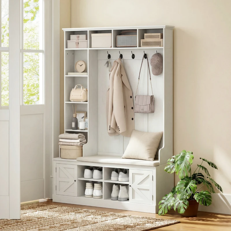 HOMCOM Hall Tree with Bench and Shoe Storage, Entryway Bench with Coat Rack, 12 Shelves, 2 Cabinets, 5 Hooks, White Wood Grain