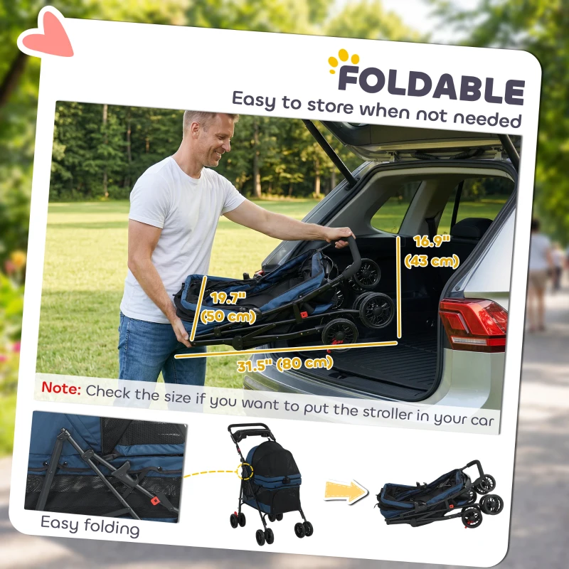 PawHut Foldable Pet Stroller for Small Dogs and Cats with 4 Wheels, Mesh Windows, Brake, Removable Pad, Storage Tray, Dark Blue