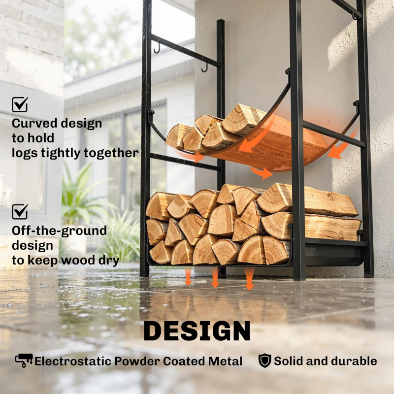 Outsunny Firewood Rack with Fireplace Tools, Indoor Outdoor Firewood Holder, Flat Bottom with 2 Tiers for Fireplace, Wood Stove, Hearth or Fire Pit, Black