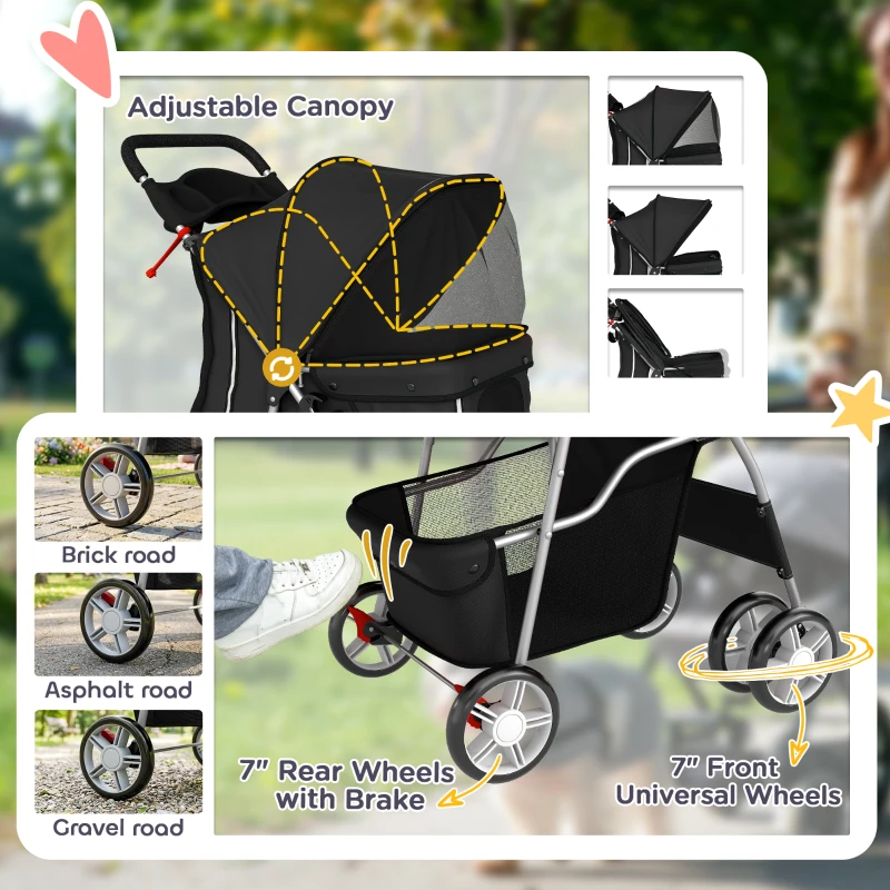 PawHut Pet Stroller with Reflective Strips, Foldable Cat Stroller with 360° Swivel Wheels for Small Dogs and Cats, Black