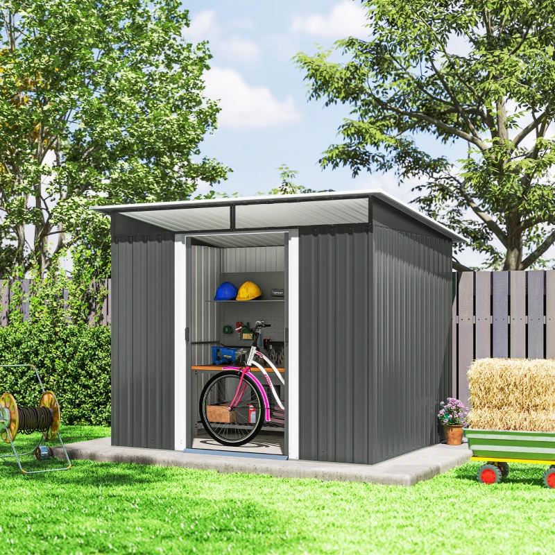 Outsunny 9' x 6.5' Outdoor Metal Garden Shed Utility Tool Storage Steel Backyard House, Dark Grey