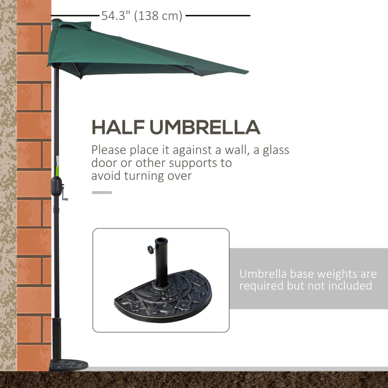 Outsunny 9ft Half Round Patio Umbrella, Outdoor Market Patio Table Umbrella Parasol with Crank Mechanism, 5 Ribs, Dark Green