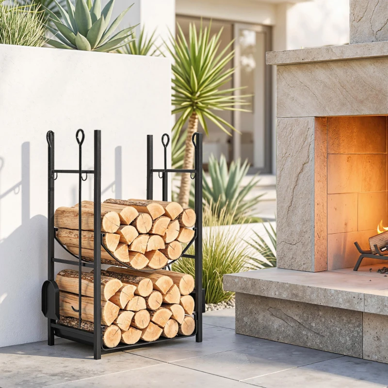 Outsunny Firewood Rack with Fireplace Tools, Indoor Outdoor Firewood Holder, Flat Bottom with 2 Tiers for Fireplace, Wood Stove, Hearth or Fire Pit, Black