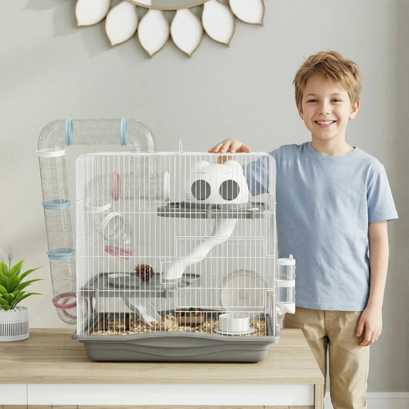 PawHut 3-Tier Hamster Cage, Portable Gerbil Cage with Exercise Wheels, Water Bottle, Food Dish, for Dwarf Hamsters, Mouse, Grey
