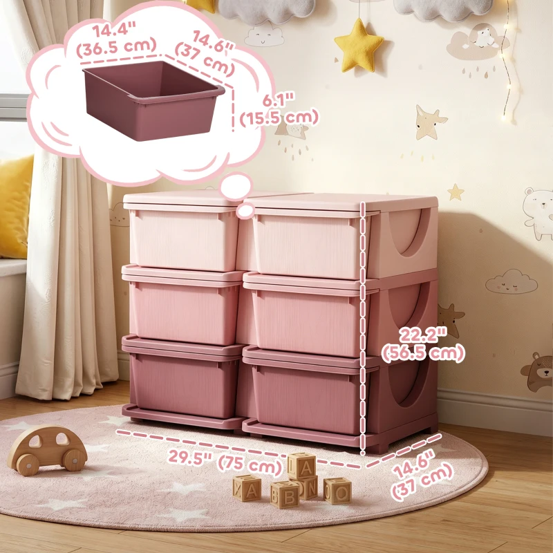 Qaba 3 Tier Kids Toy Organizer and Storage Bins with 6 Plastic Drawers, Pink