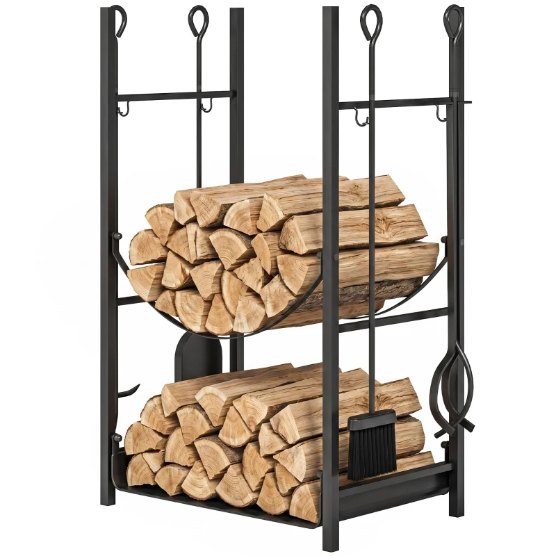 Outsunny Firewood Rack with Fireplace Tools, Indoor Outdoor Firewood Holder, Flat Bottom with 2 Tiers for Fireplace, Wood Stove, Hearth or Fire Pit, Black