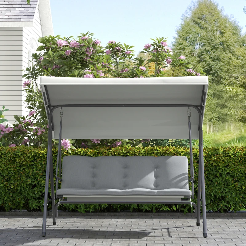Outsunny 3-Seat Patio Swing Chair, Outdoor Porch Swing Glider with Adjustable Canopy, Light Grey