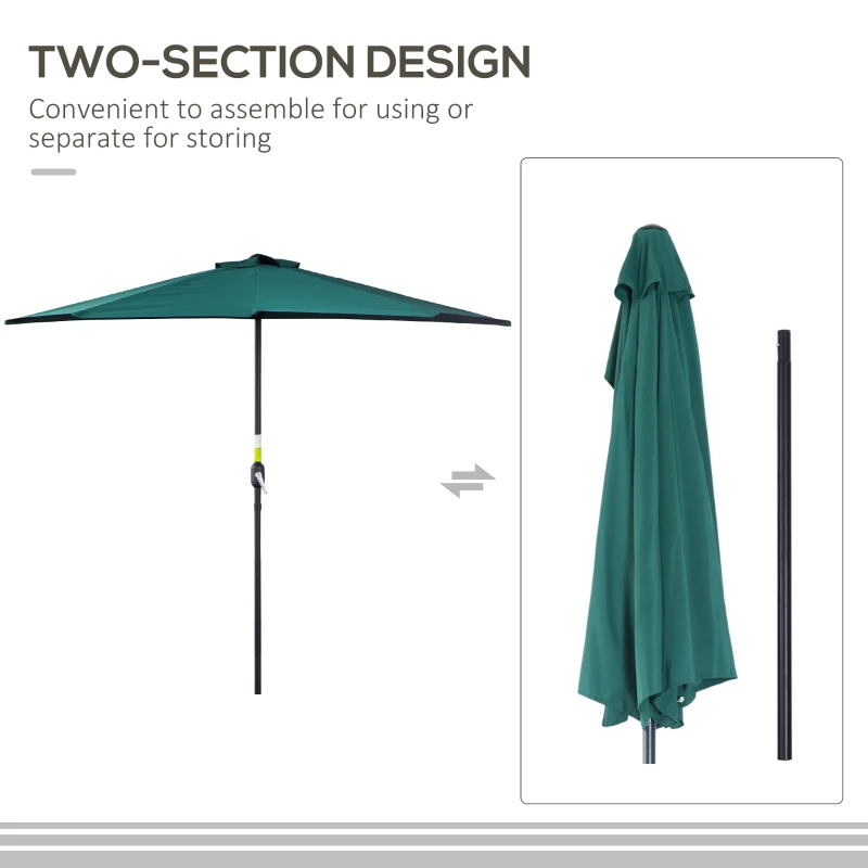 Outsunny 9ft Half Round Patio Umbrella, Outdoor Market Patio Table Umbrella Parasol with Crank Mechanism, 5 Ribs, Dark Green