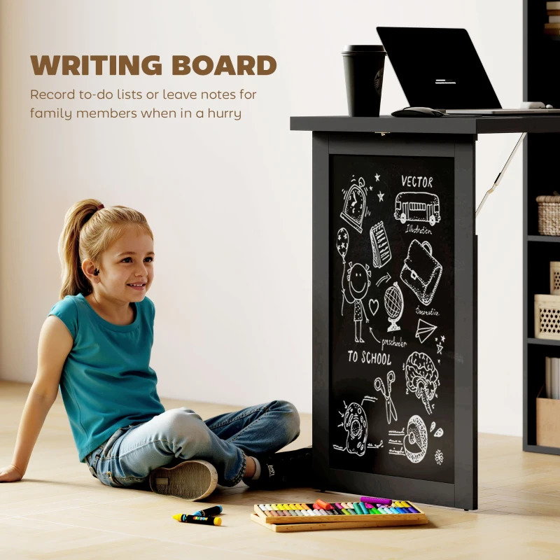 HOMCOM Fold-out Convertible Office Desk, Wall Mount Computer Desk with Blackboard and Side Shelf, Black