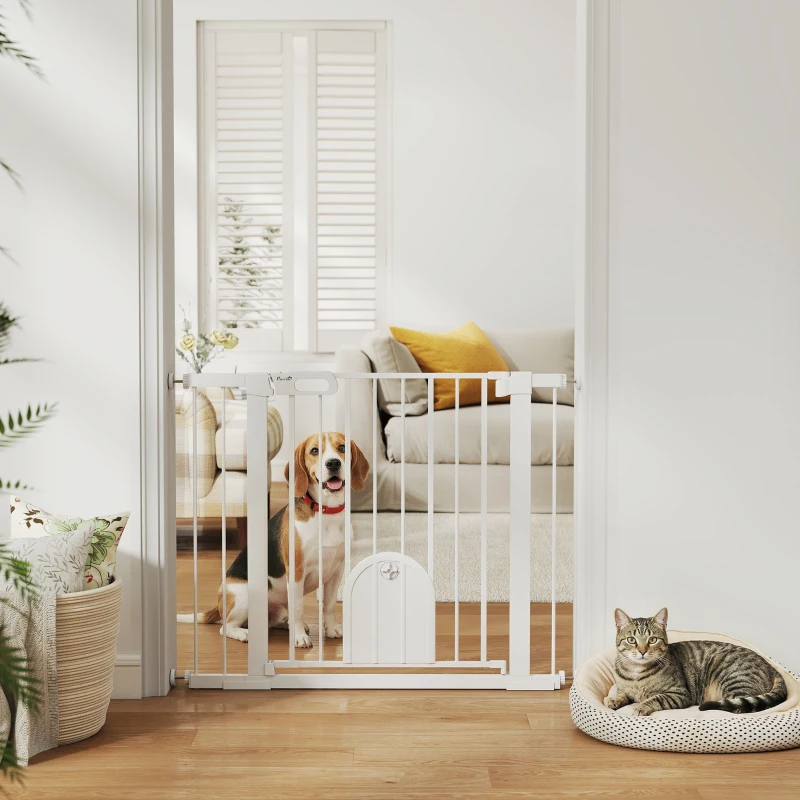 PawHut 30"-41" Extra Wide Pet Gate Barrier with Small Door, 30"H Dog Gate with Safety Gate Barrier, Stair Pressure Fit, White