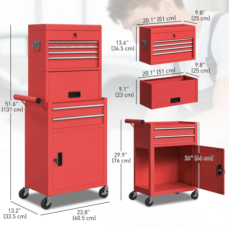 HOMCOM Large Tool Cabinet, 3-in-1 Rolling Tool Chest, Detachable Tool Storage Organizer with 6 Drawers and Pegboard, Red