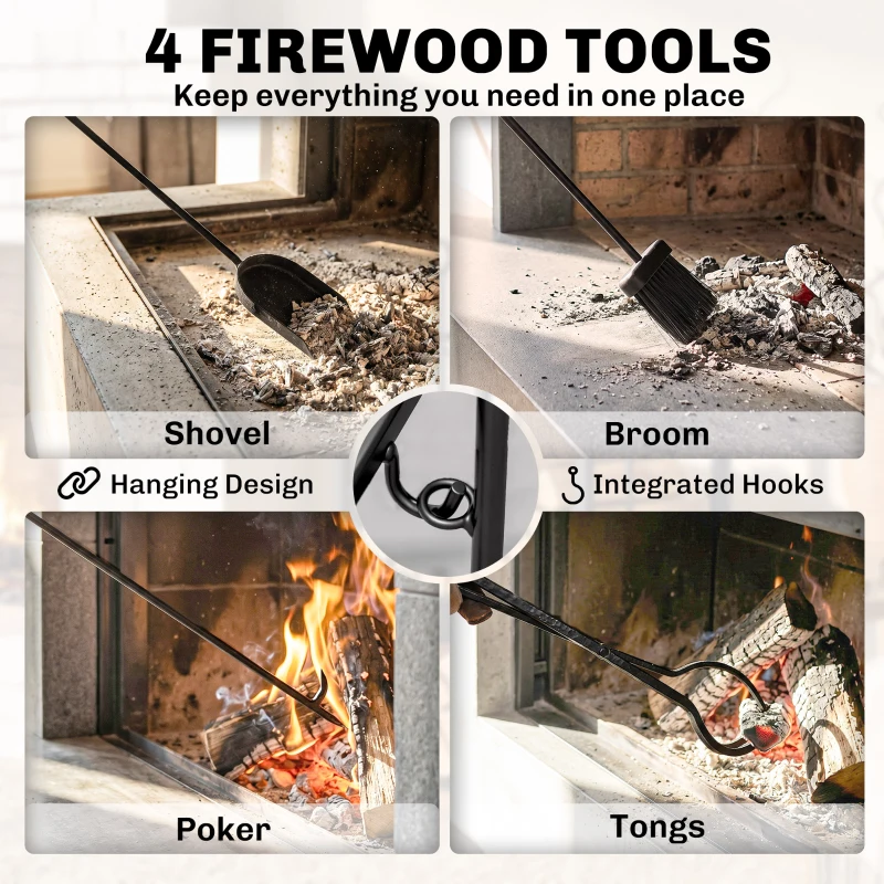 Outsunny Firewood Rack with Fireplace Tools, Indoor Outdoor Firewood Holder, Flat Bottom with 2 Tiers for Fireplace, Wood Stove, Hearth or Fire Pit, Black