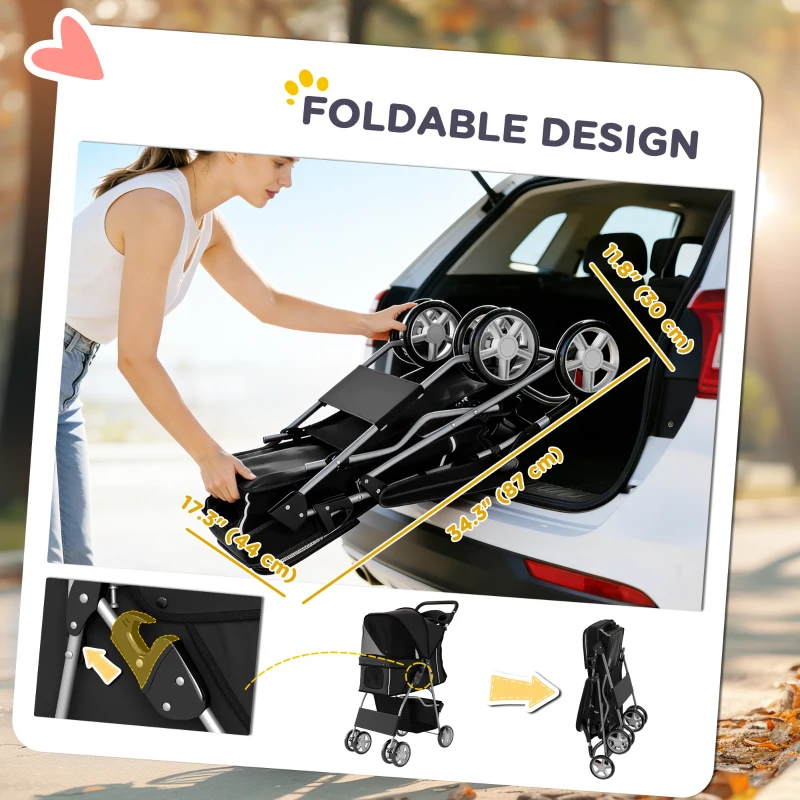 PawHut Pet Stroller with Reflective Strips, Foldable Cat Stroller with 360° Swivel Wheels for Small Dogs and Cats, Black