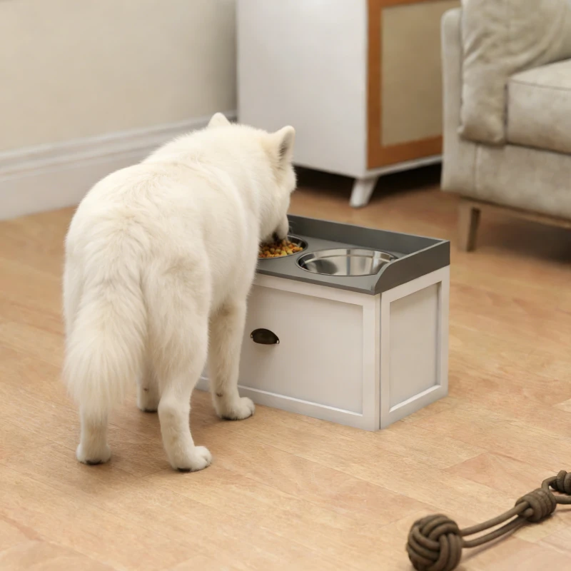 PawHut Elevated Dog Bowls Raised Pet Feeding Station with Storage 2 Stainless Steel Bowls, 23.6"x11.8" x14.2", White