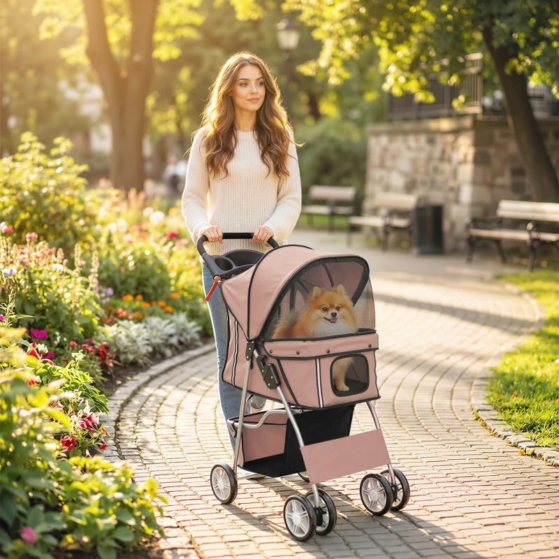 PawHut Pet Stroller for Dogs & Cats, Foldable Dog Stroller with Wheels, Reflective Strips, Brake, Pad and Basket, Coffee