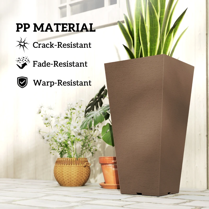 Outsunny 23 Inch Tall Planters for Outdoor Plants, Set of 2 Plastic Flower Pots, for Front Door Patio Garden Use, Brown
