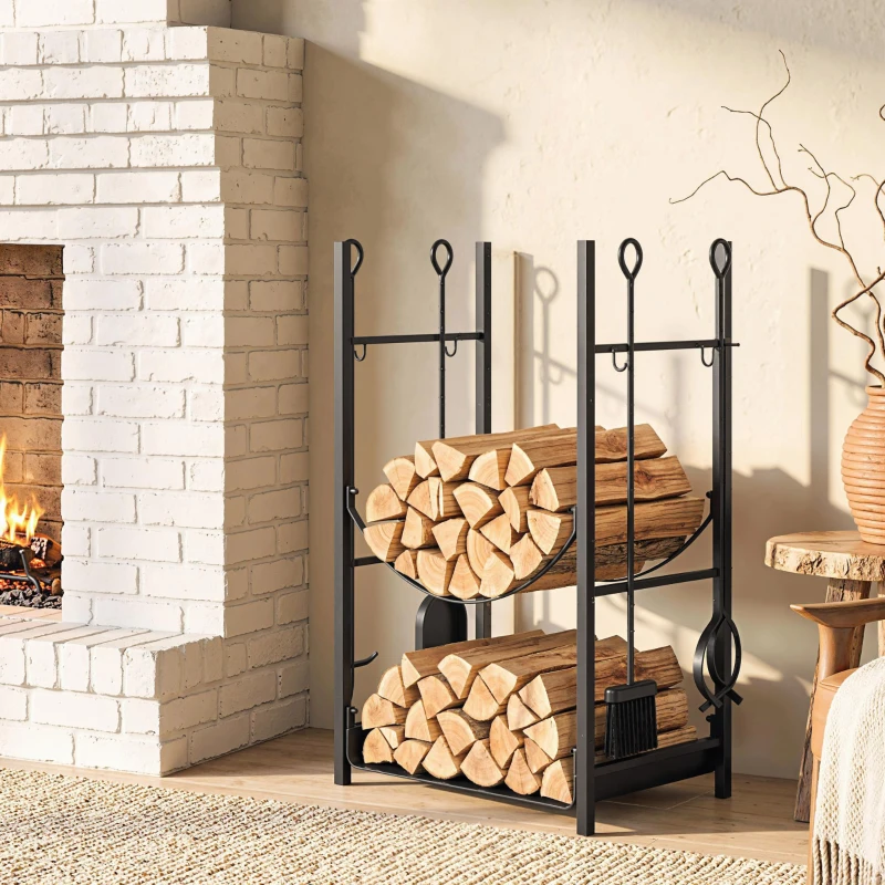 Outsunny Firewood Rack with Fireplace Tools, Indoor Outdoor Firewood Holder, Flat Bottom with 2 Tiers for Fireplace, Wood Stove, Hearth or Fire Pit, Black