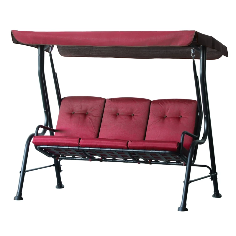 Outsunny 3-Person Porch Swing Chair, Patio Swing Bench with Adjustable Canopy, Removable Thicken Cushion and Weather Resistant Steel Frame for Outdoor, Garden, Poolside, Wine Red